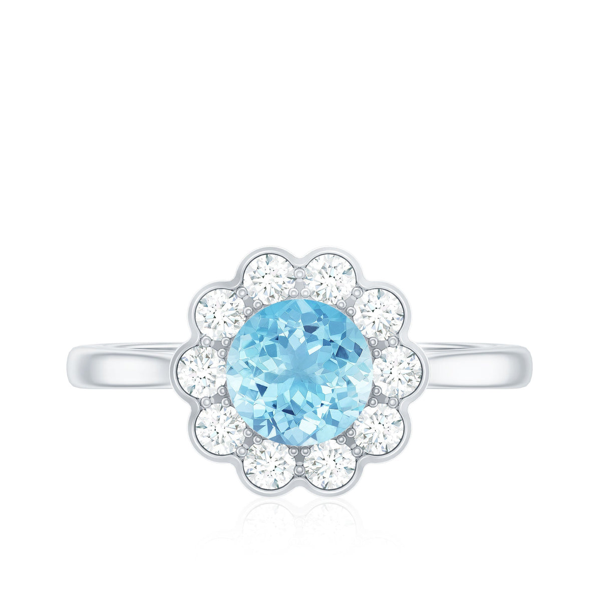 Aquamarine Engagement Ring – Bezel Set Aquamarine with Diamond Halo Floral Design