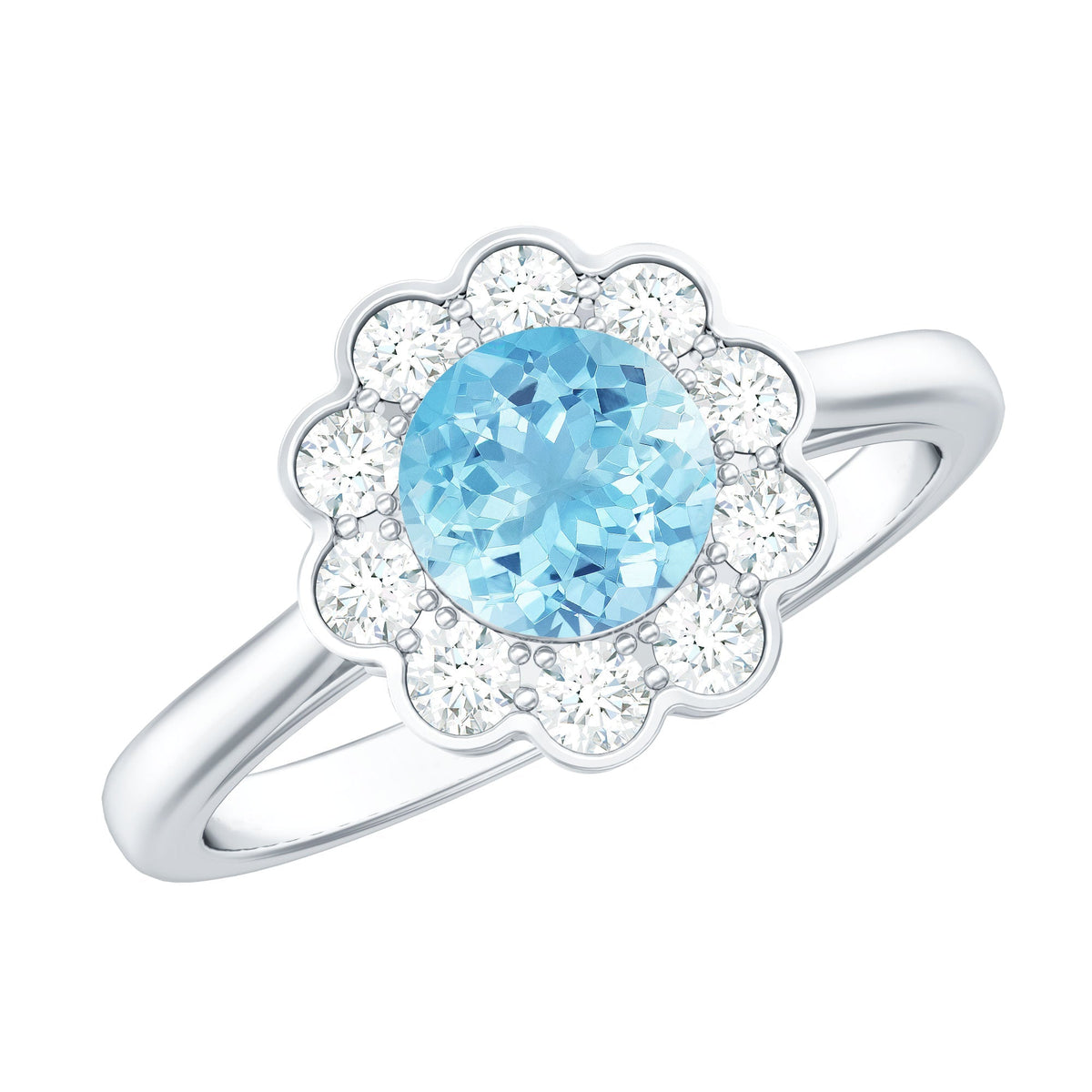 Aquamarine Engagement Ring – Bezel Set Aquamarine with Diamond Halo Floral Design