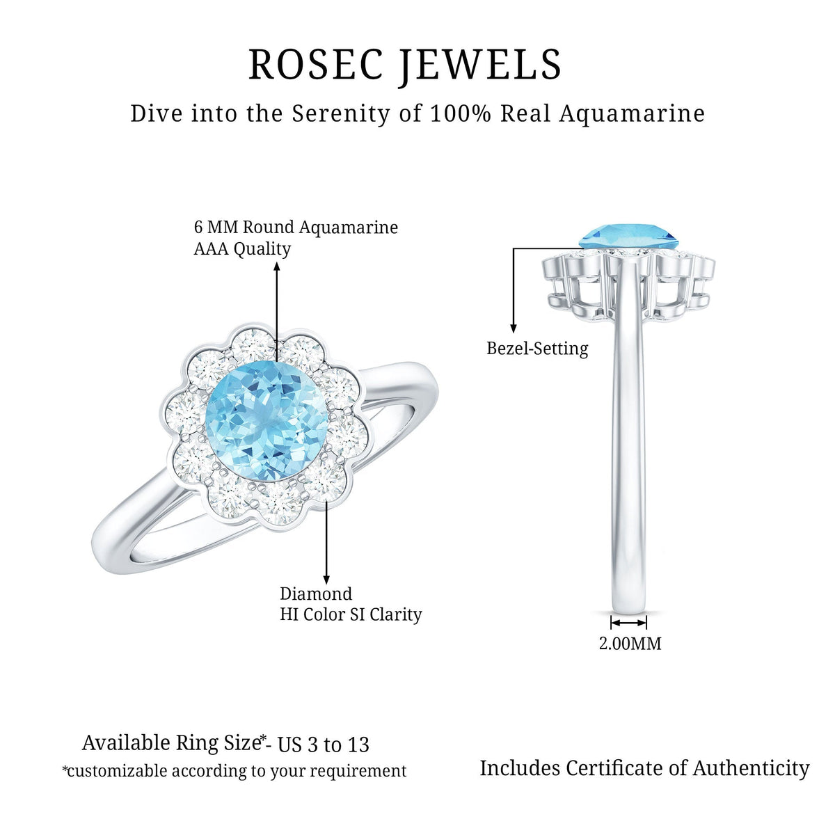 Aquamarine Engagement Ring – Bezel Set Aquamarine with Diamond Halo Floral Design