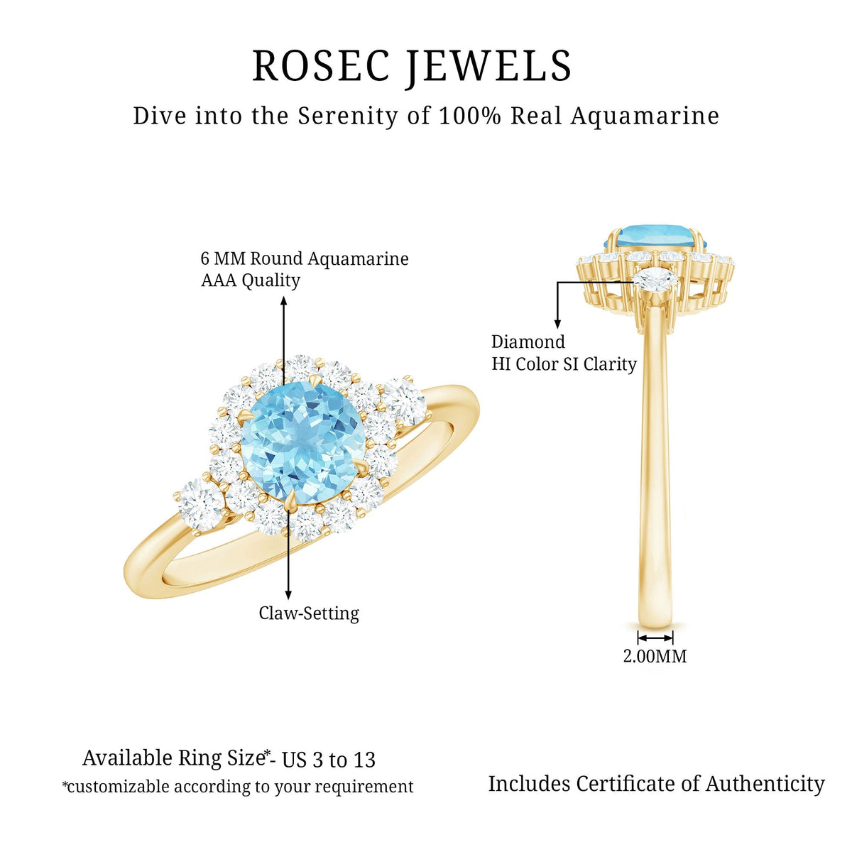 Aquamarine Engagement Ring – Classic Diamond Halo | Round Claw-Set Blue Gemstone