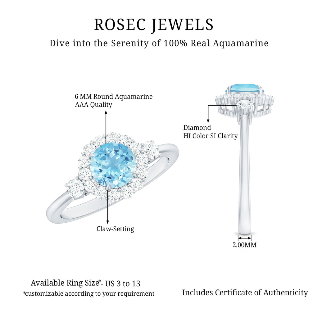 Aquamarine Engagement Ring – Classic Diamond Halo | Round Claw-Set Blue Gemstone