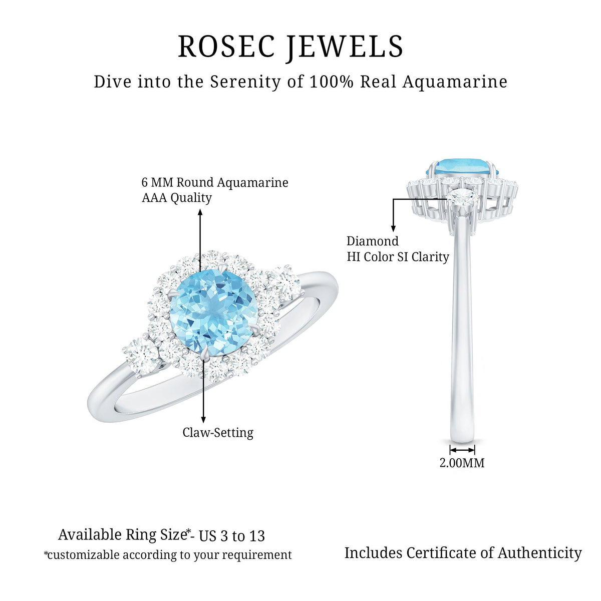 Aquamarine Engagement Ring – Classic Diamond Halo | Round Claw-Set Blue Gemstone