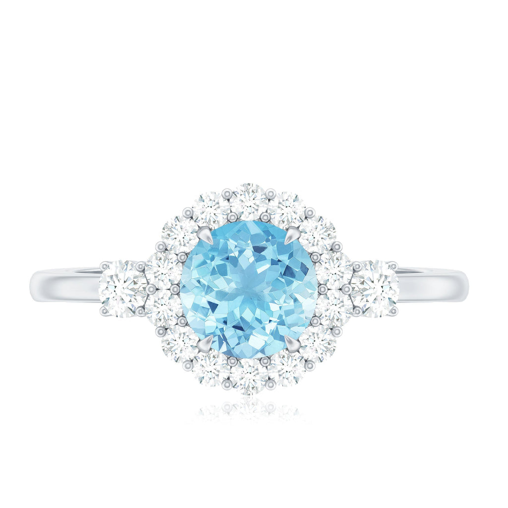 Aquamarine Engagement Ring – Classic Diamond Halo | Round Claw-Set Blue Gemstone