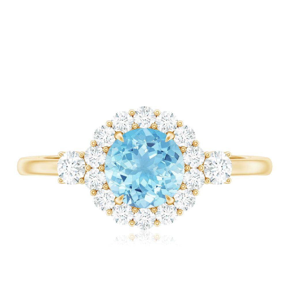Aquamarine Engagement Ring – Classic Diamond Halo | Round Claw-Set Blue Gemstone