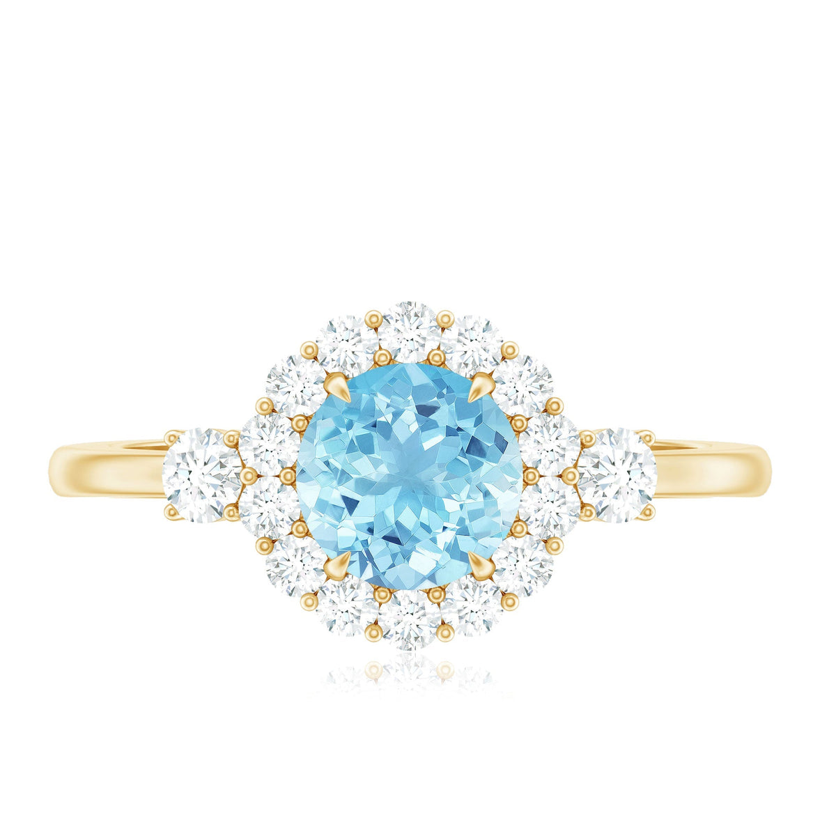 Aquamarine Engagement Ring – Classic Diamond Halo | Round Claw-Set Blue Gemstone