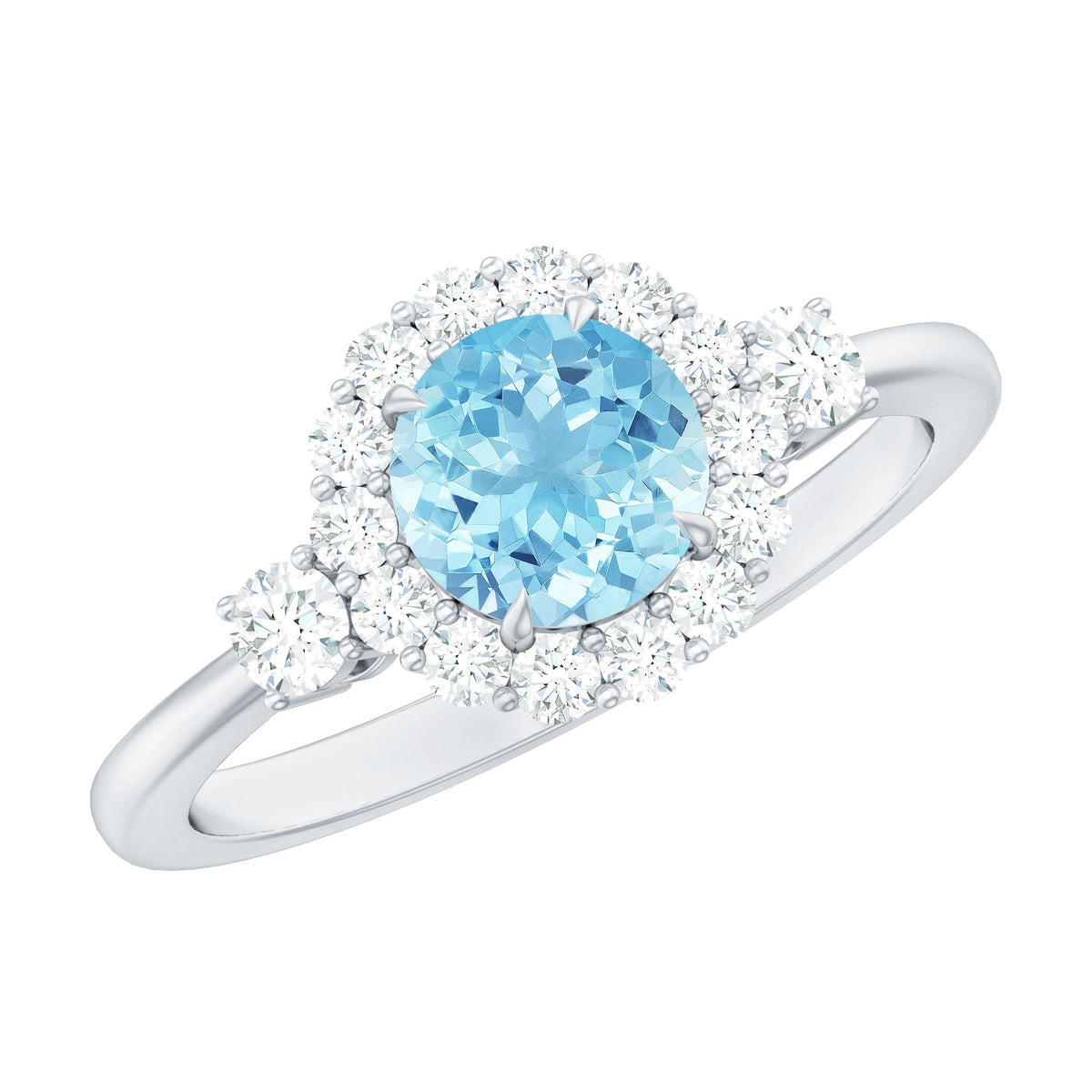 Aquamarine Engagement Ring – Classic Diamond Halo | Round Claw-Set Blue Gemstone