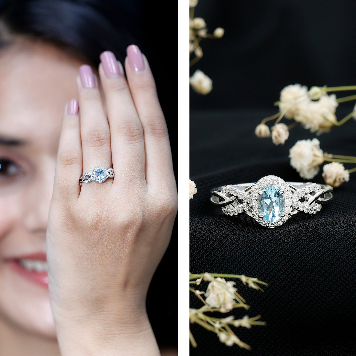Aquamarine Engagement Ring – Designer Oval Halo Diamond Criss Cross Shank