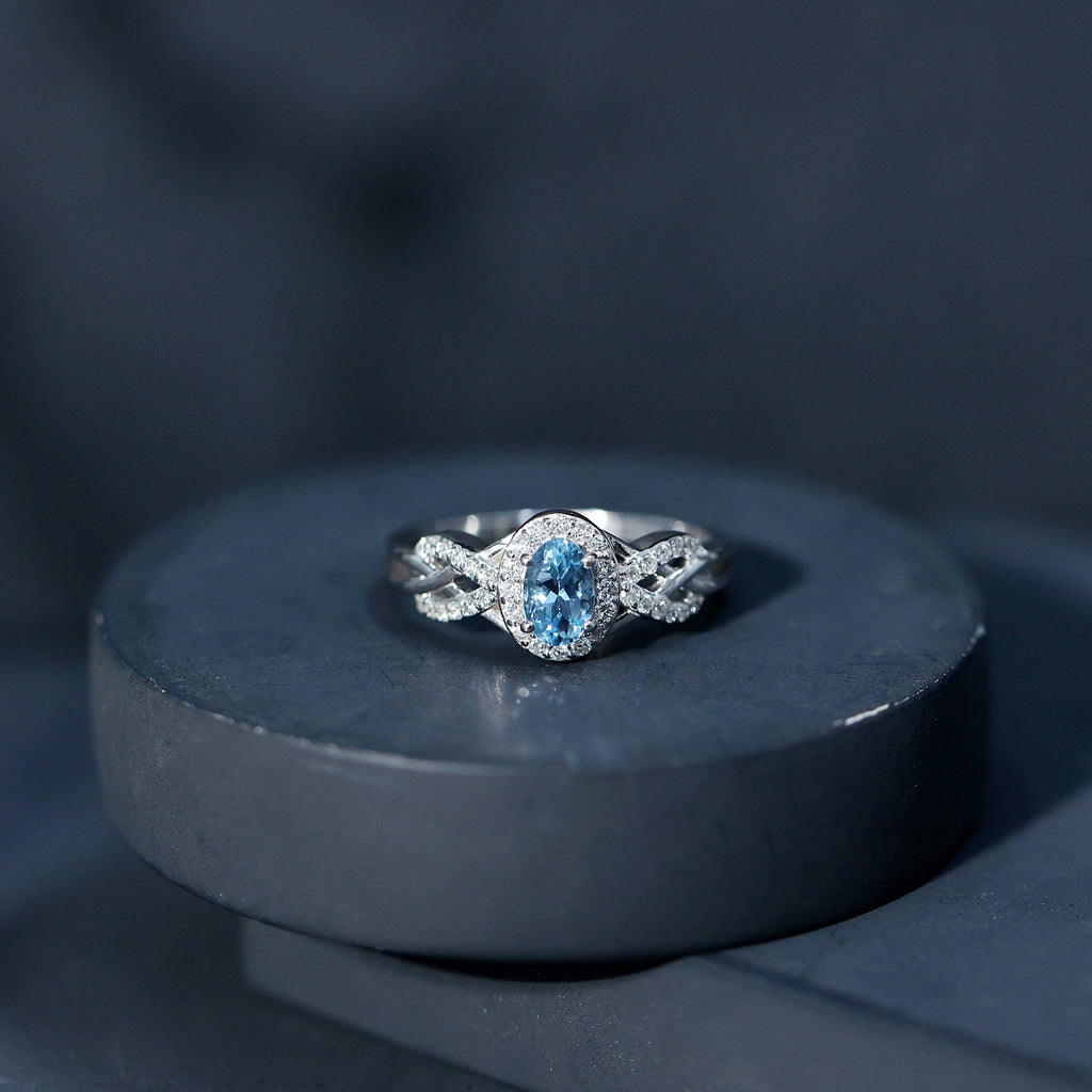 Aquamarine Engagement Ring – Designer Oval Halo Diamond Criss Cross Shank