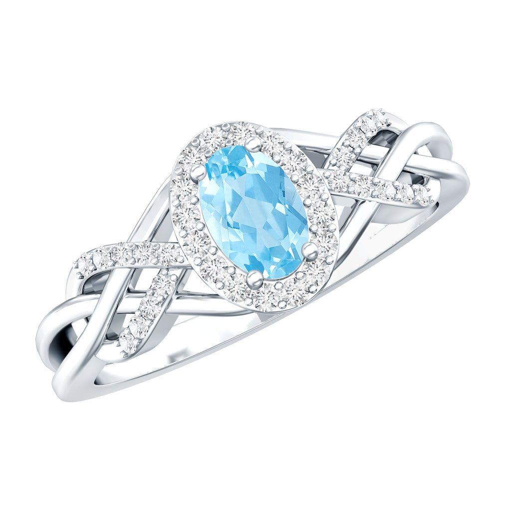 Aquamarine Engagement Ring – Designer Oval Halo Diamond Criss Cross Shank