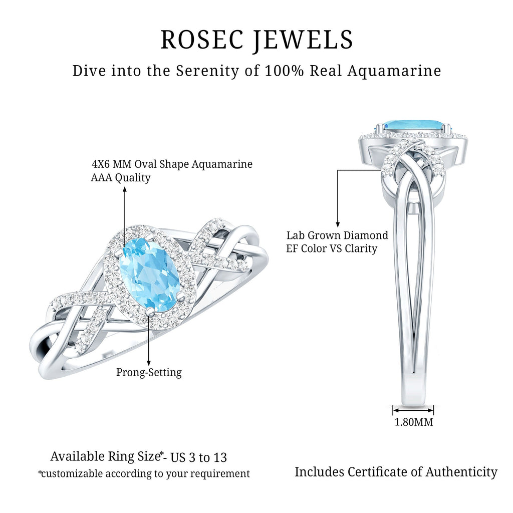 Aquamarine Engagement Ring – Designer Oval Halo Diamond Criss Cross Shank