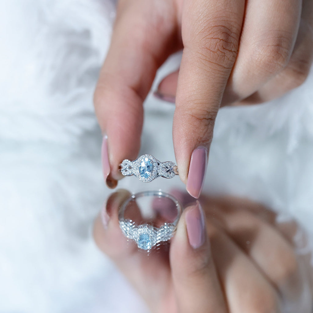 Aquamarine Engagement Ring – Designer Oval Halo Diamond Criss Cross Shank