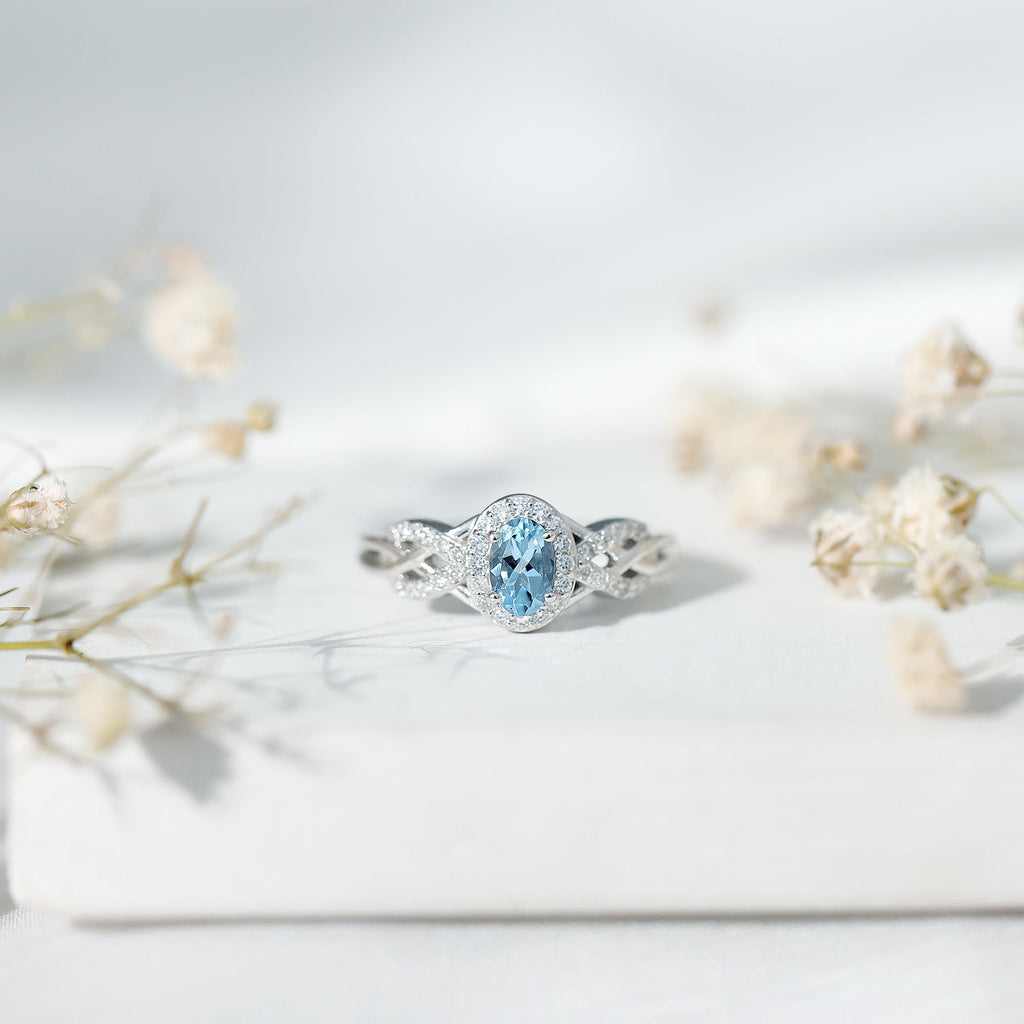 Aquamarine Engagement Ring – Designer Oval Halo Diamond Criss Cross Shank