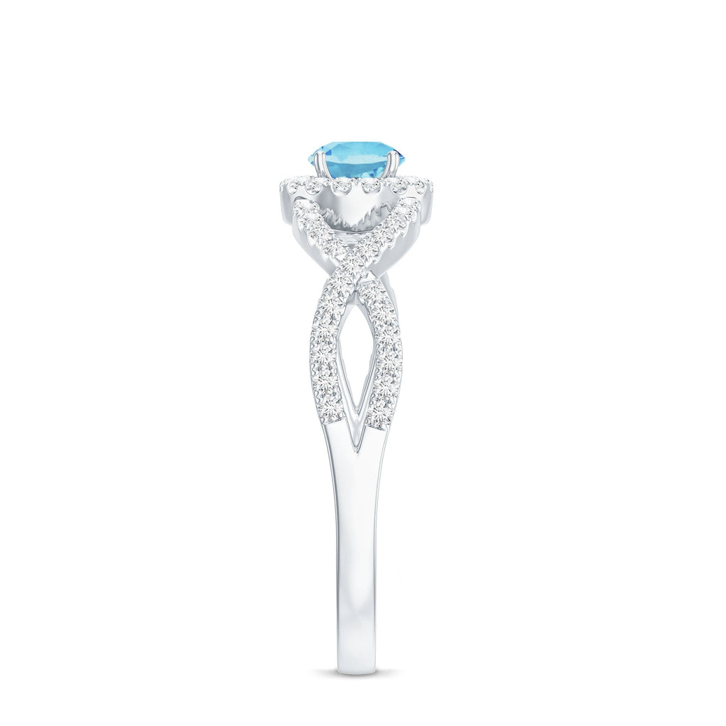 Aquamarine Engagement Ring – Diamond Halo Ring With Criss Cross Band Design