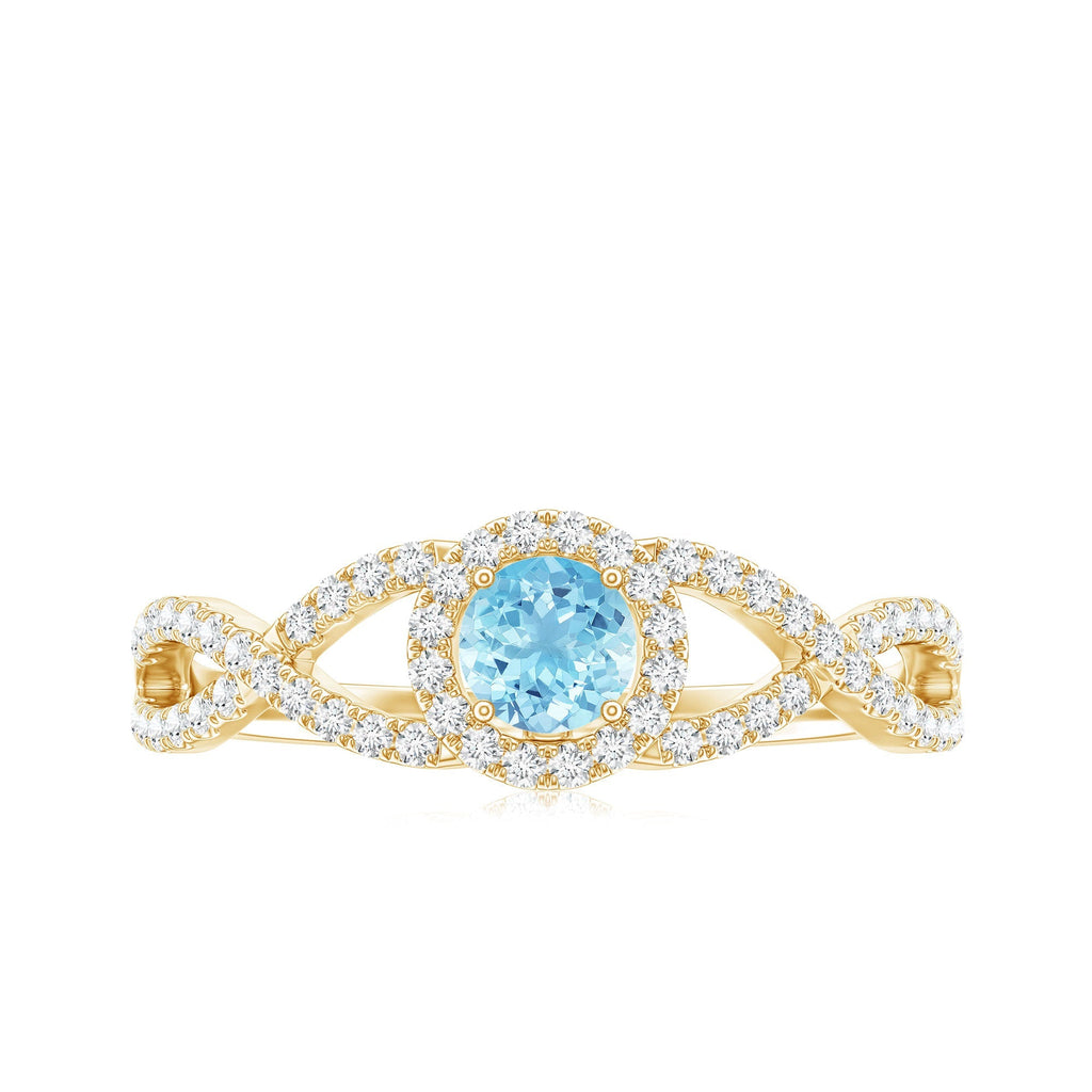 Aquamarine Engagement Ring – Diamond Halo Ring With Criss Cross Band Design