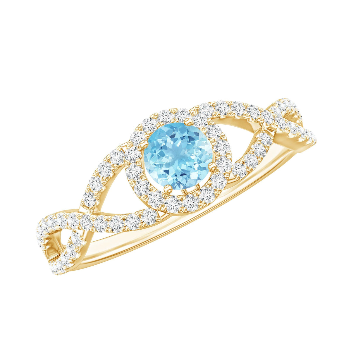 Aquamarine Engagement Ring – Diamond Halo Ring With Criss Cross Band Design