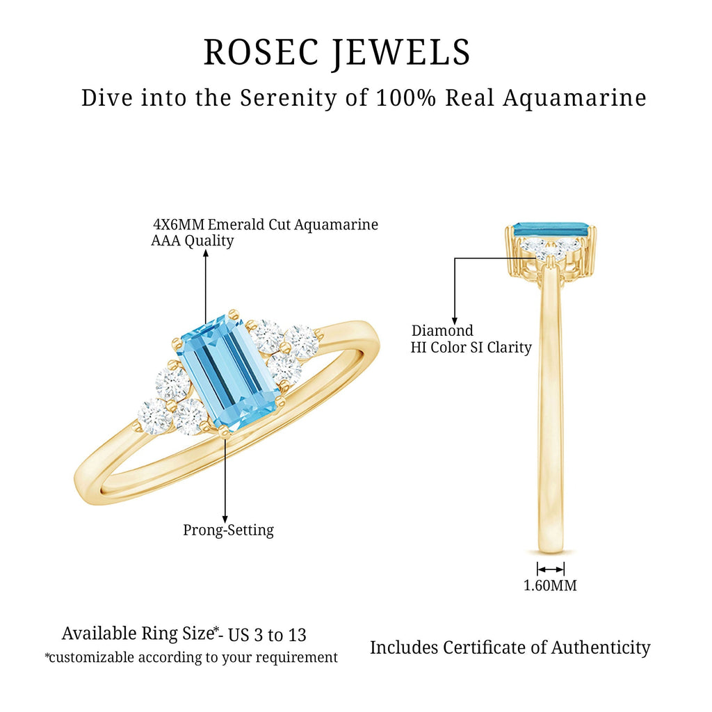 Aquamarine Engagement Ring – Emerald Cut Aquamarine With Trio Diamond Design