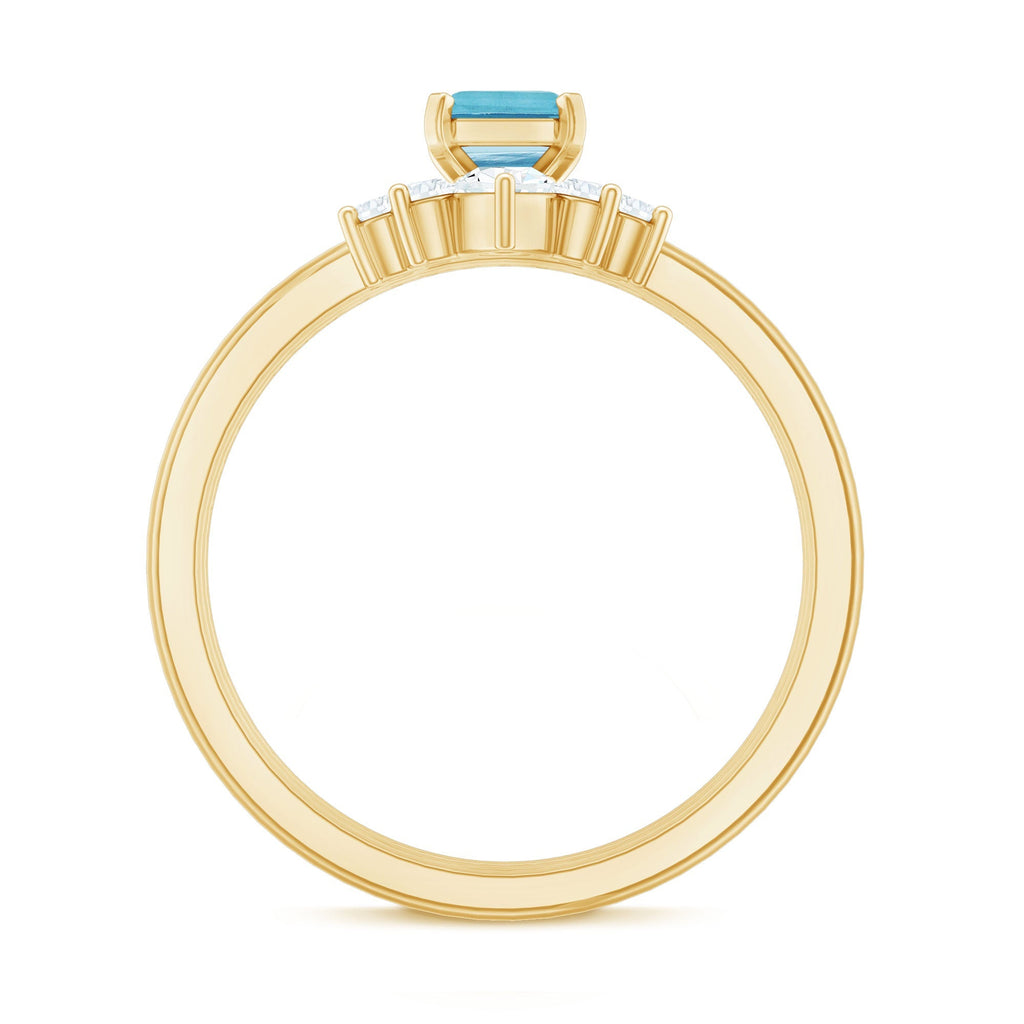 Aquamarine Engagement Ring – Emerald Cut Solitaire With Diamond Wedding Bands Set