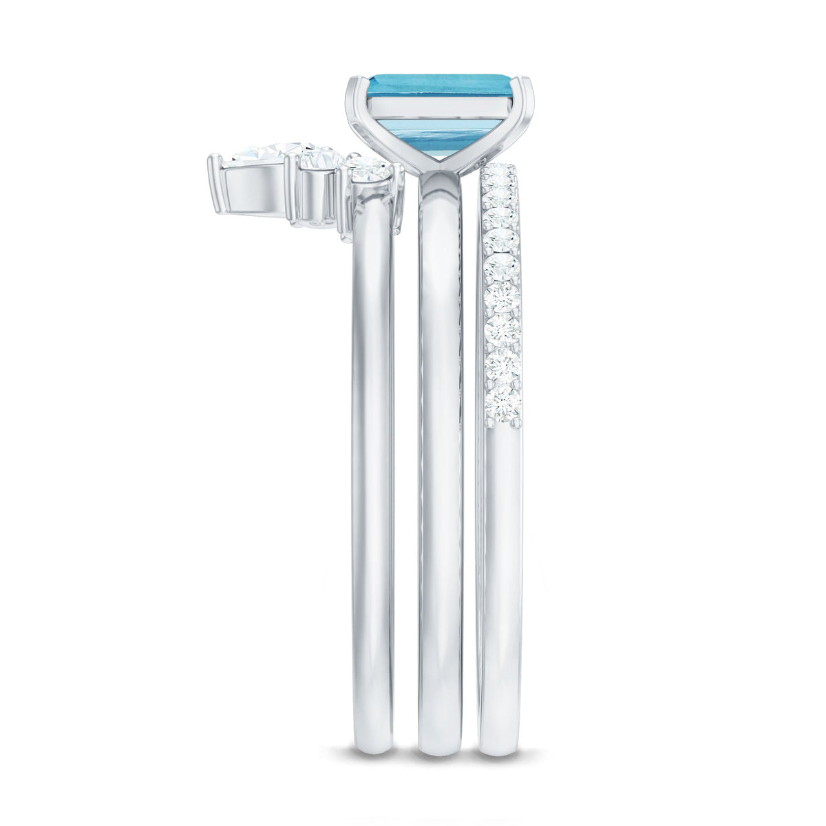 Aquamarine Engagement Ring – Emerald Cut Solitaire With Diamond Wedding Bands Set