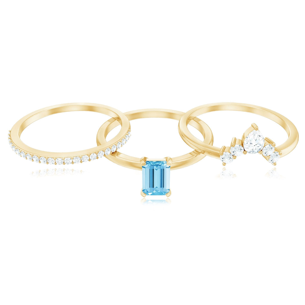 Aquamarine Engagement Ring – Emerald Cut Solitaire With Diamond Wedding Bands Set