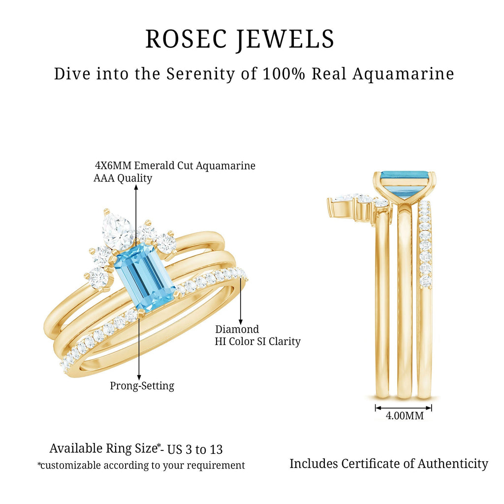 Aquamarine Engagement Ring – Emerald Cut Solitaire With Diamond Wedding Bands Set