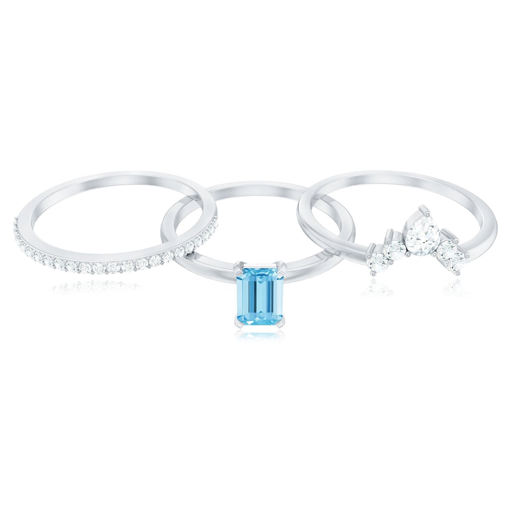 Aquamarine Engagement Ring – Emerald Cut Solitaire With Diamond Wedding Bands Set