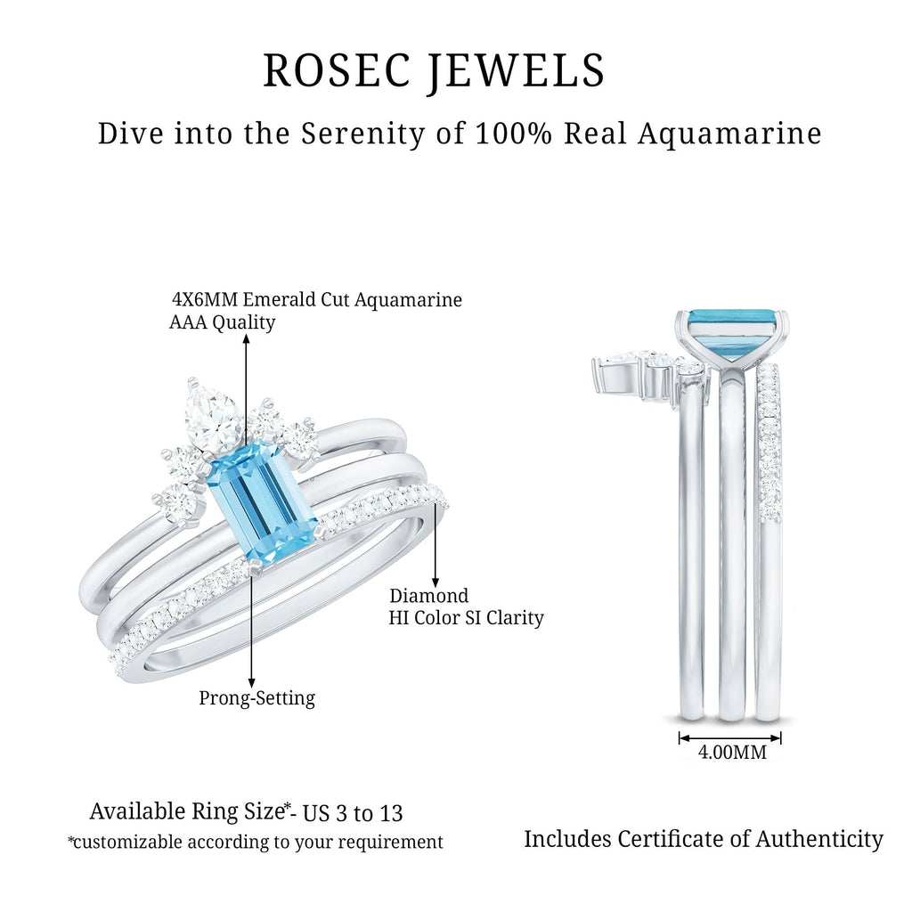 Aquamarine Engagement Ring – Emerald Cut Solitaire With Diamond Wedding Bands Set