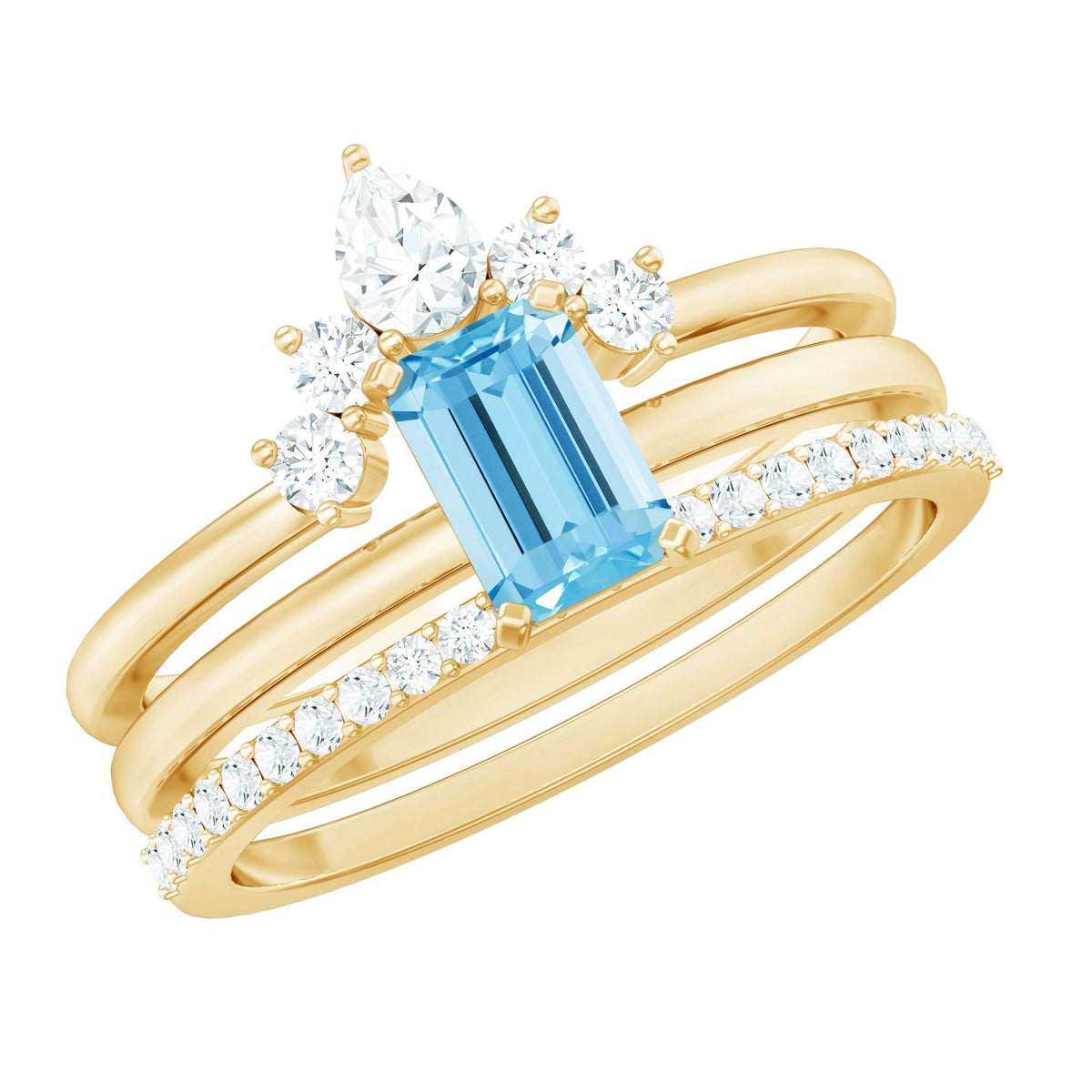 Aquamarine Engagement Ring – Emerald Cut Solitaire With Diamond Wedding Bands Set