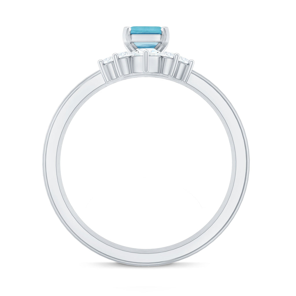 Aquamarine Engagement Ring – Emerald Cut Solitaire With Diamond Wedding Bands Set
