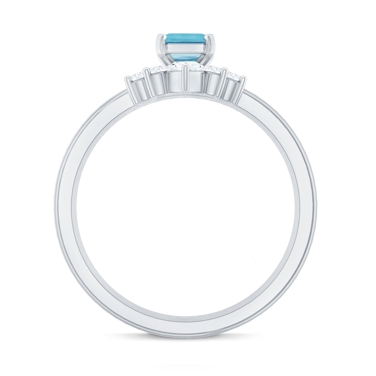 Aquamarine Engagement Ring – Emerald Cut Solitaire With Diamond Wedding Bands Set