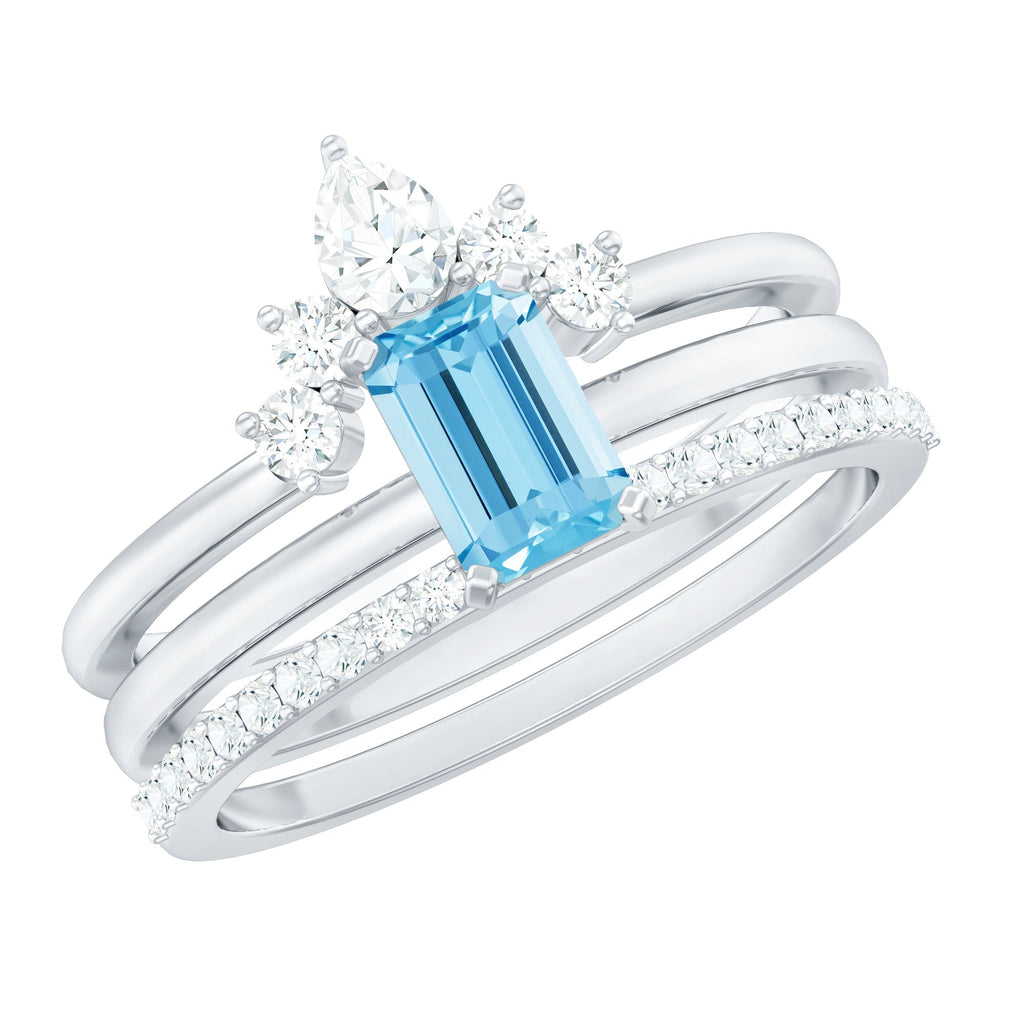 Aquamarine Engagement Ring – Emerald Cut Solitaire With Diamond Wedding Bands Set