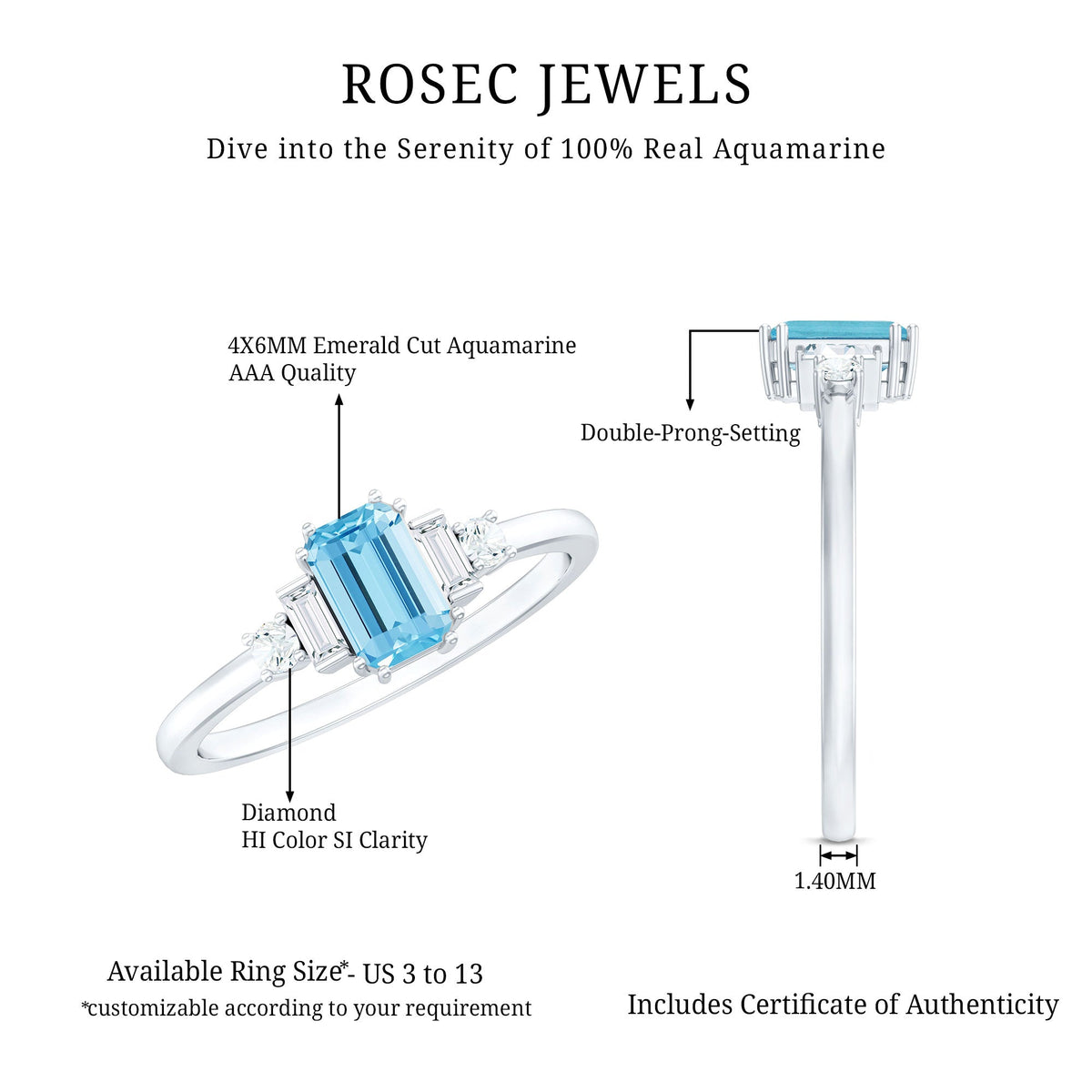 Aquamarine Engagement Ring – Emerald Cut Solitaire with Sparkling Diamond Shoulders