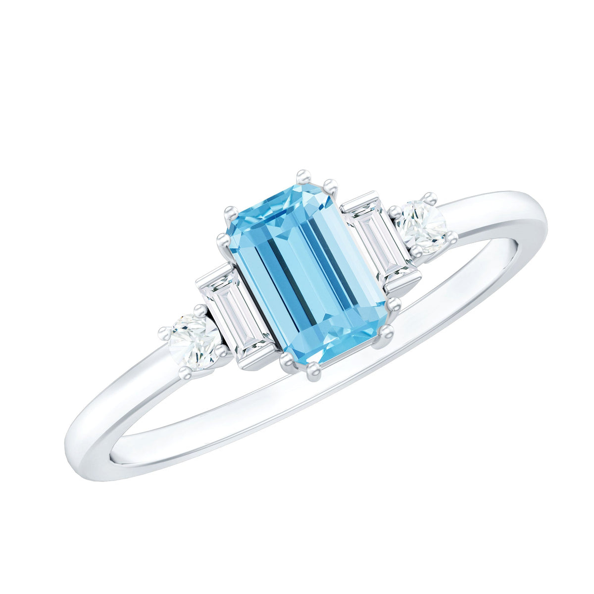 Aquamarine Engagement Ring – Emerald Cut Solitaire with Sparkling Diamond Shoulders
