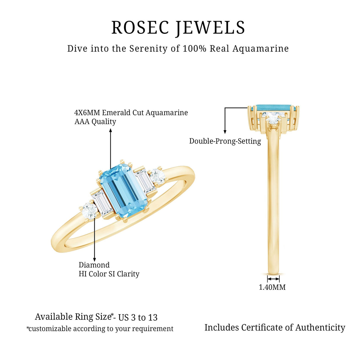 Aquamarine Engagement Ring – Emerald Cut Solitaire with Sparkling Diamond Shoulders