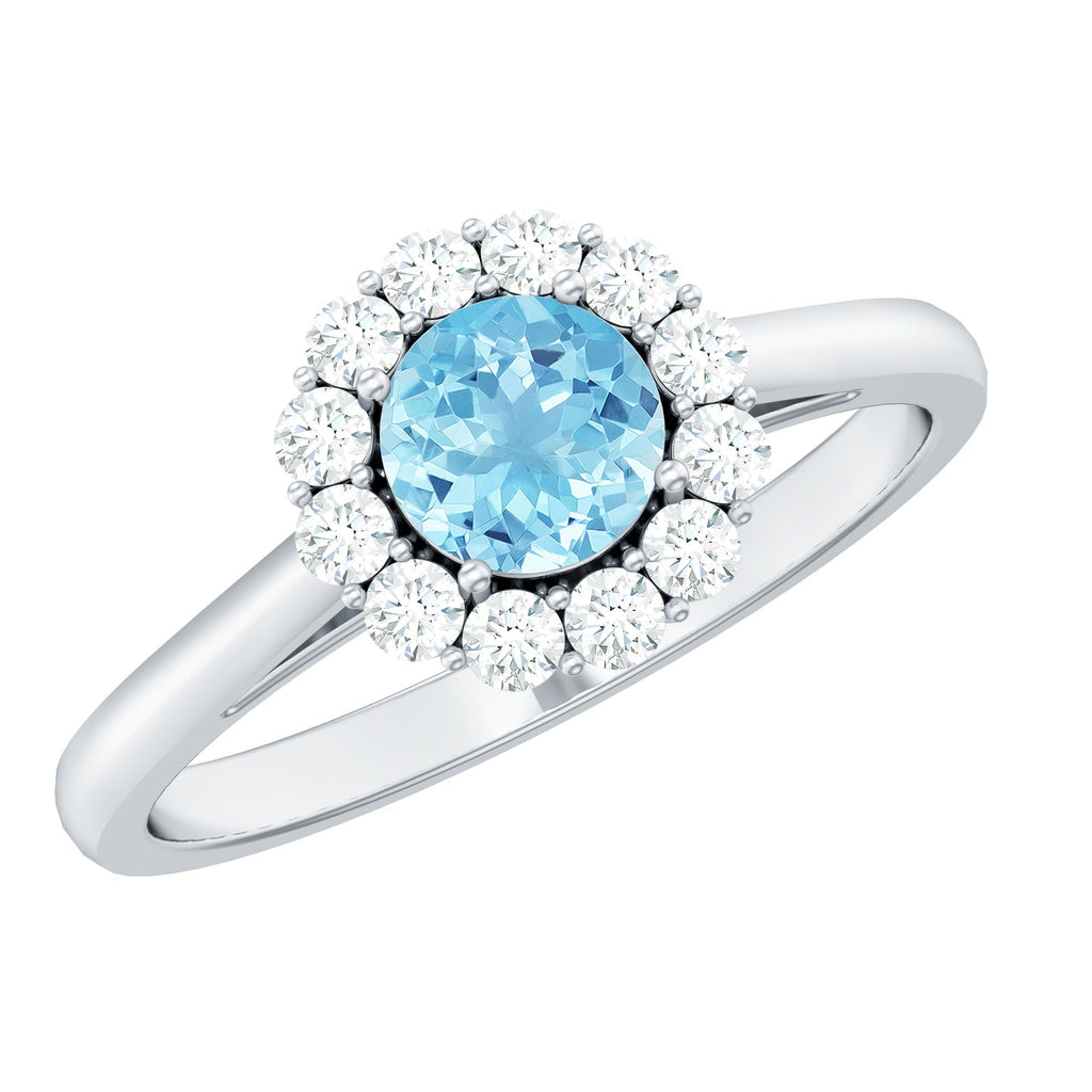 Aquamarine Engagement Ring – Floating Halo Ring with Diamond Halo & Modern Design