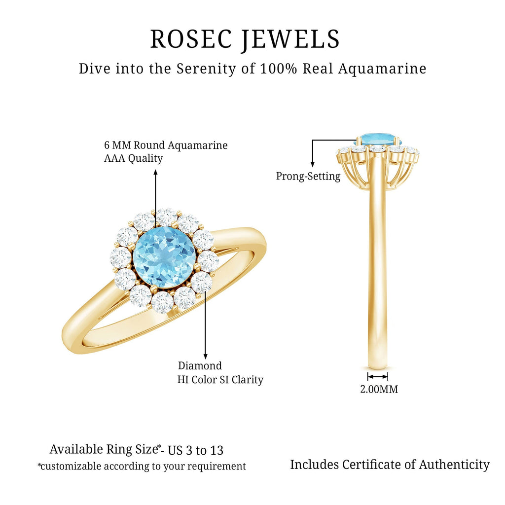 Aquamarine Engagement Ring – Floating Halo Ring with Diamond Halo & Modern Design