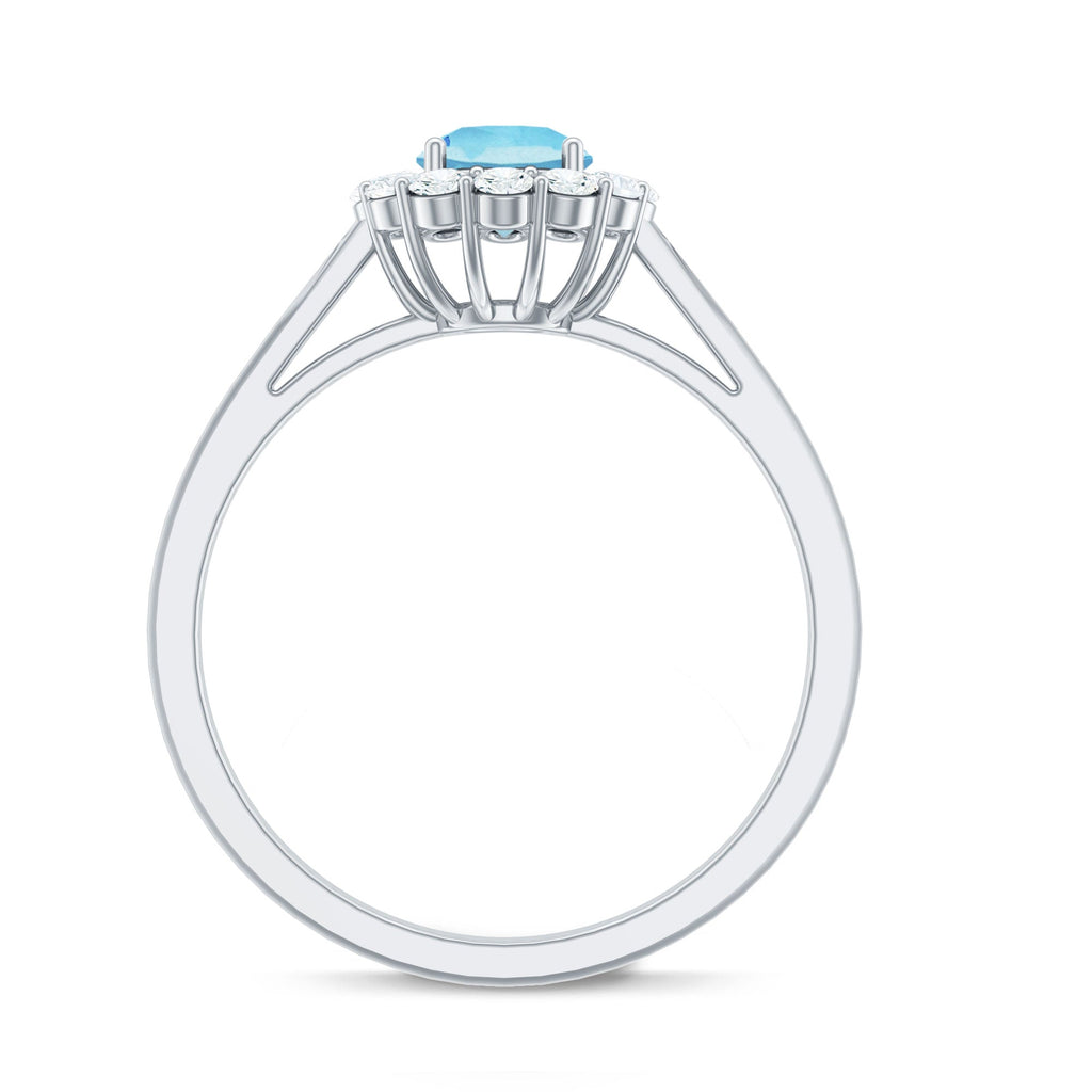 Aquamarine Engagement Ring – Floating Halo Ring with Diamond Halo & Modern Design