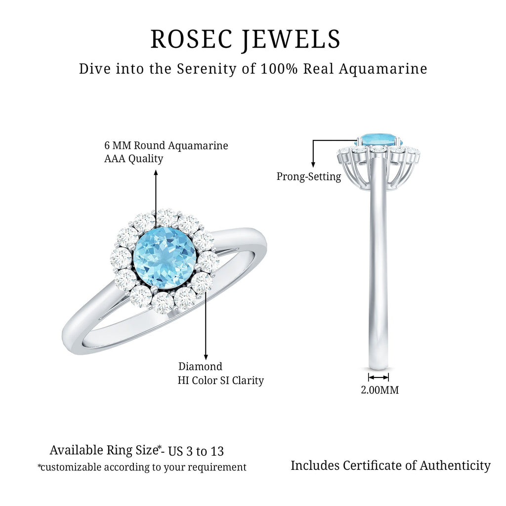 Aquamarine Engagement Ring – Floating Halo Ring with Diamond Halo & Modern Design
