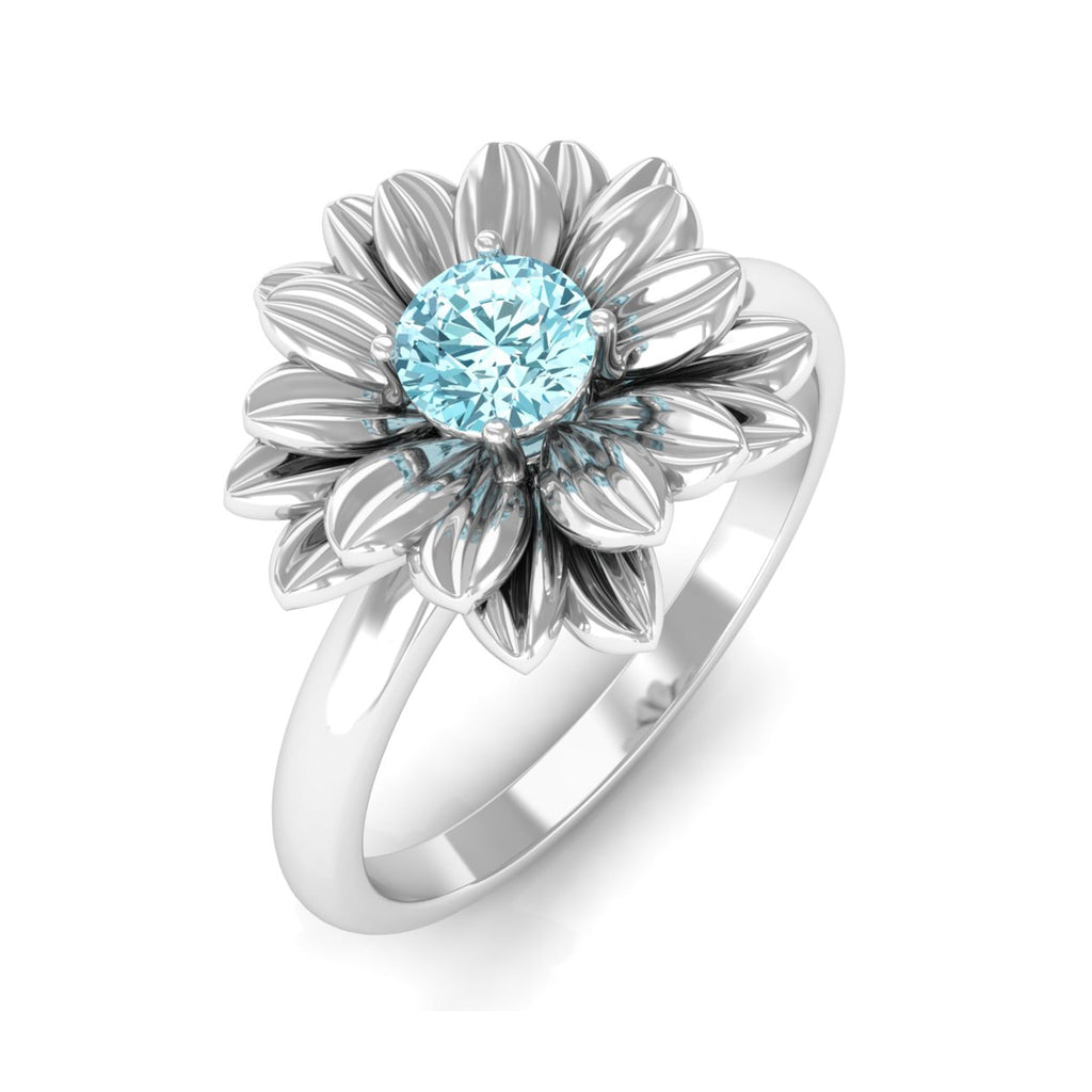 Aquamarine Engagement Ring – Floral Design Blue Gemstone With Prong Setting