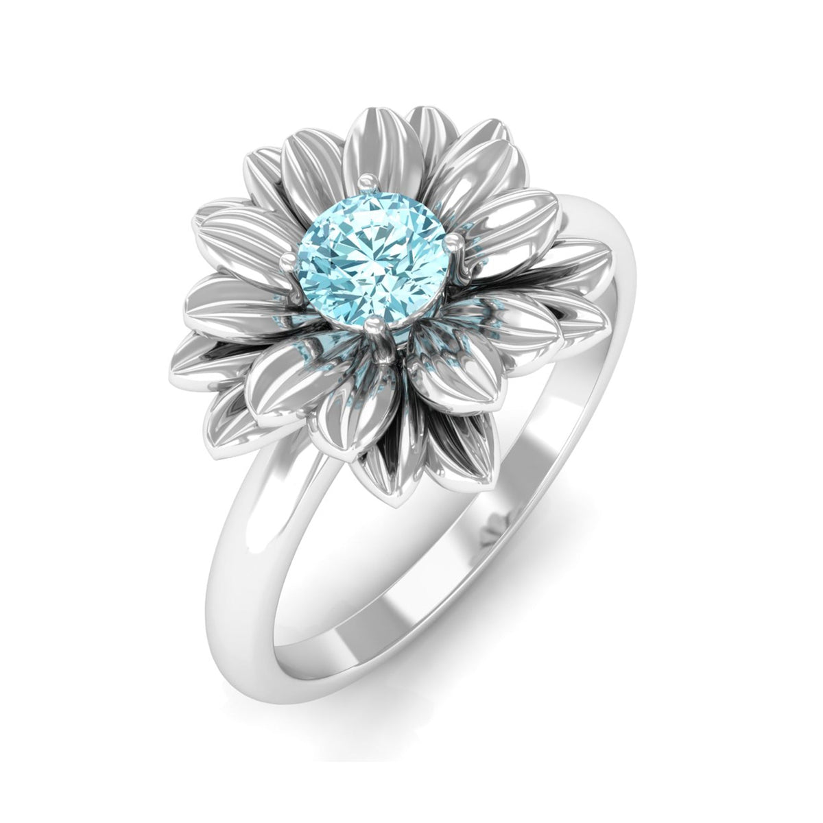 Aquamarine Engagement Ring – Floral Design Blue Gemstone With Prong Setting