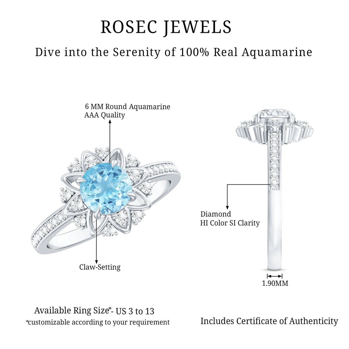 Aquamarine Engagement Ring – Floral Design Ring with Diamond Halo & AAA Quality Aquamarine