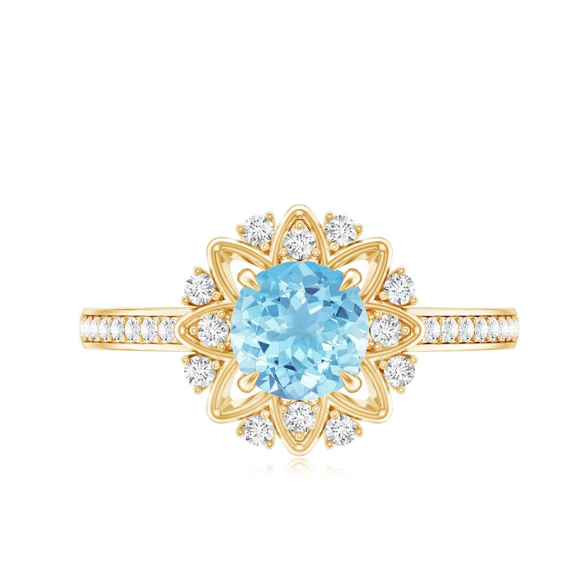 Aquamarine Engagement Ring – Floral Design Ring with Diamond Halo & AAA Quality Aquamarine