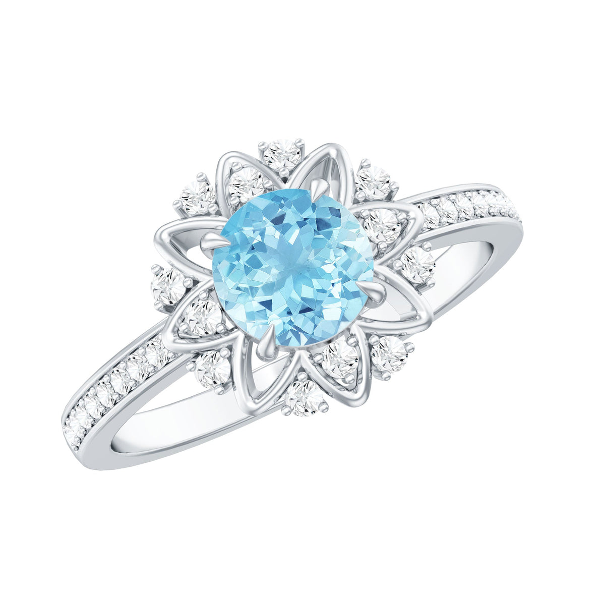 Aquamarine Engagement Ring – Floral Design Ring with Diamond Halo & AAA Quality Aquamarine