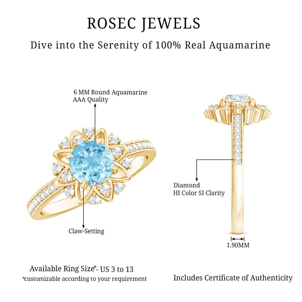Aquamarine Engagement Ring – Floral Design Ring with Diamond Halo & AAA Quality Aquamarine