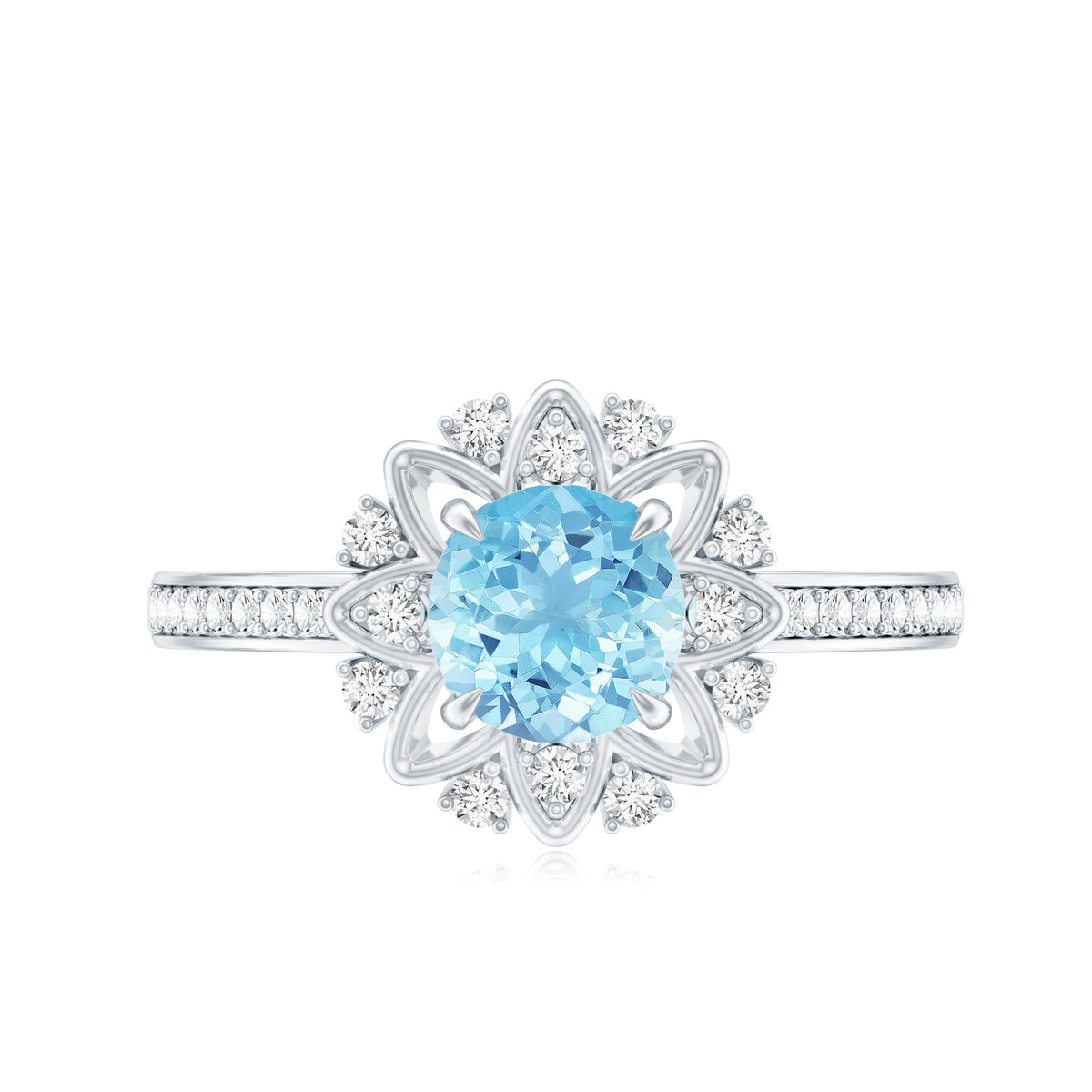 Aquamarine Engagement Ring – Floral Design Ring with Diamond Halo & AAA Quality Aquamarine