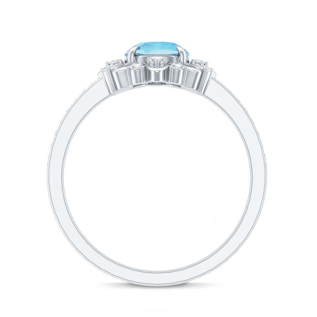 Aquamarine Engagement Ring – Floral Design Ring with Diamond Halo & AAA Quality Aquamarine