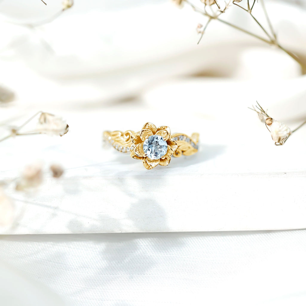 Aquamarine Engagement Ring – Flower Design with Lab Grown Diamonds | Gold Plated Silver