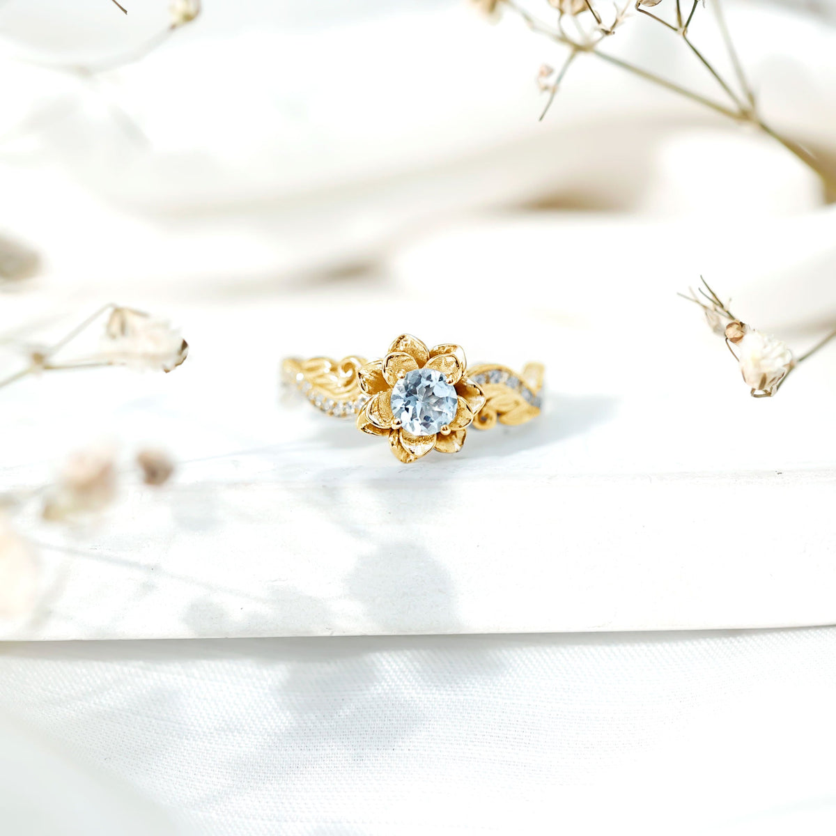 Aquamarine Engagement Ring – Flower Design with Lab Grown Diamonds | Gold Plated Silver