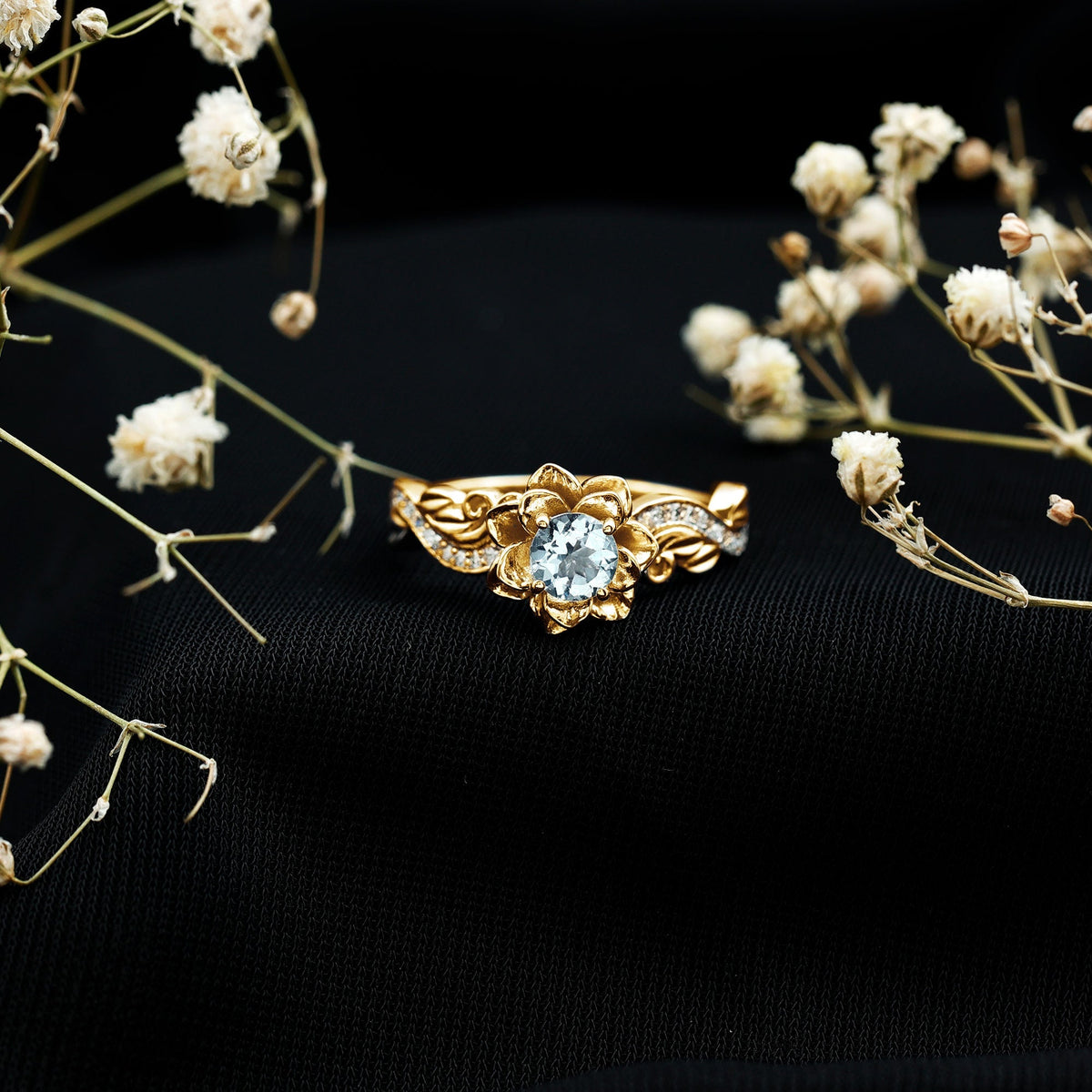 Aquamarine Engagement Ring – Flower Design with Lab Grown Diamonds | Gold Plated Silver