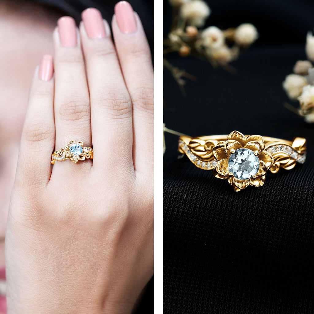 Aquamarine Engagement Ring – Flower Design with Lab Grown Diamonds | Gold Plated Silver