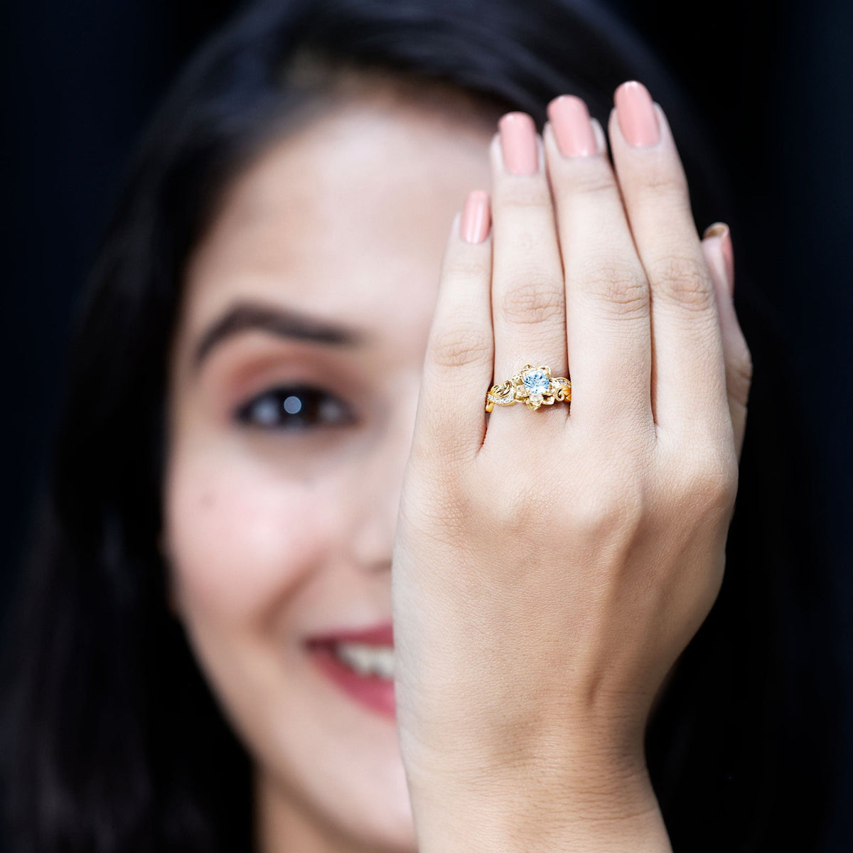Aquamarine Engagement Ring – Flower Design with Lab Grown Diamonds | Gold Plated Silver